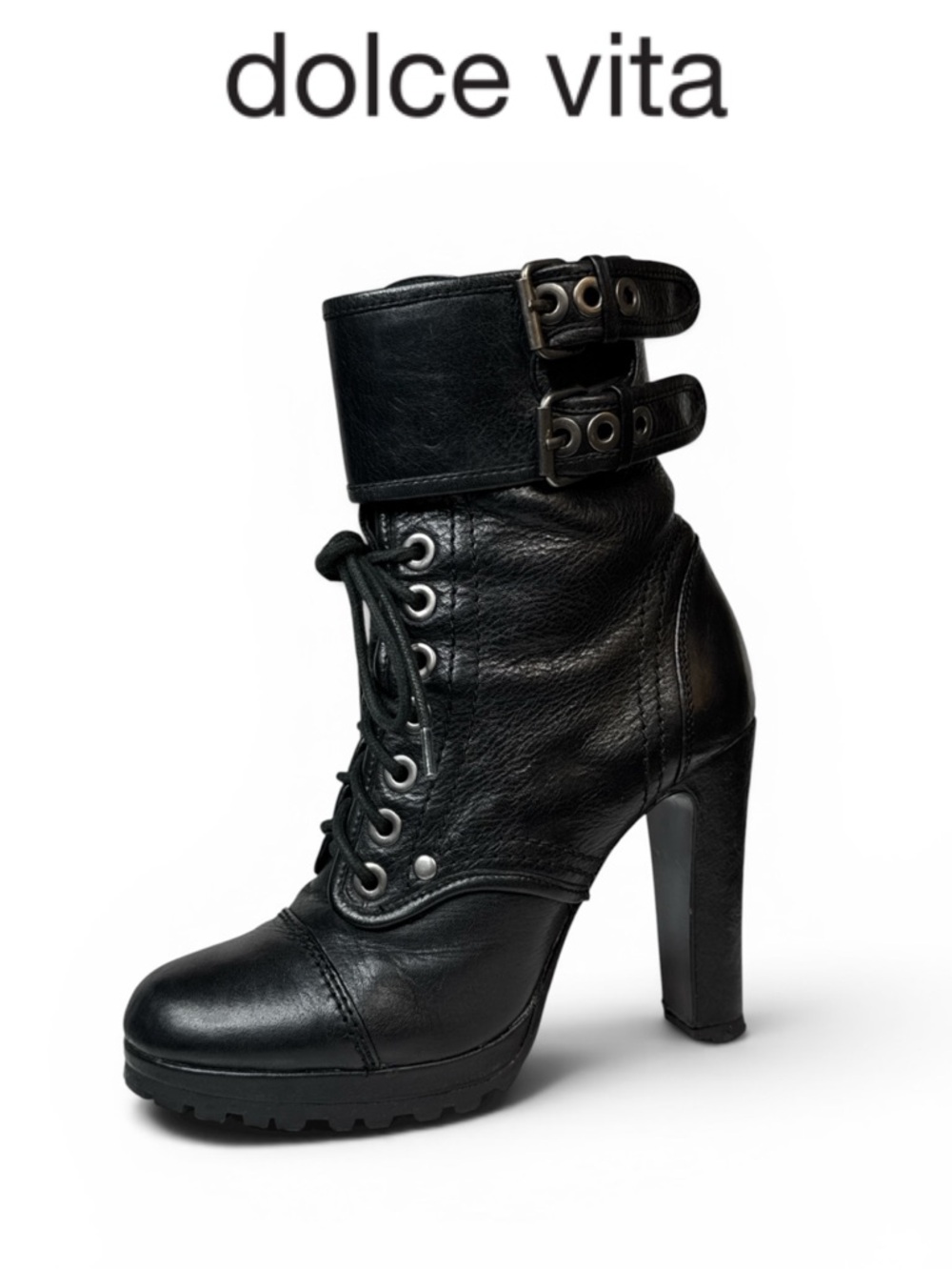 DOLCE VITA JOELLE BLACK LEATHER LACE UP COMBAT HEELED BOOTS BUCJLE MOTO LUG SOLE